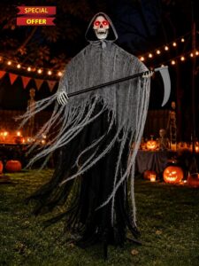 HOMELEX 185cm/72.83in Grim Reaper Halloween Yard Stake Red Eyes and Scythe                                                          Hooded skull