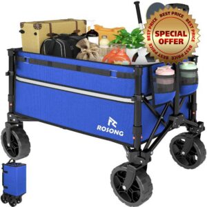 ROSONG Collapsible Wagon Cart with Wheels Foldable - Folding Utility Heavy Duty Wagons Carts for Grocery Sports Garden Shopping Camping Wheelbarrows (Blue
