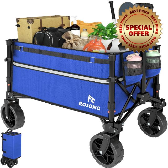 ROSONG Collapsible Wagon Cart with Wheels Foldable - Folding Utility Heavy Duty Wagons Carts for Grocery Sports Garden Shopping Camping Wheelbarrows (Blue