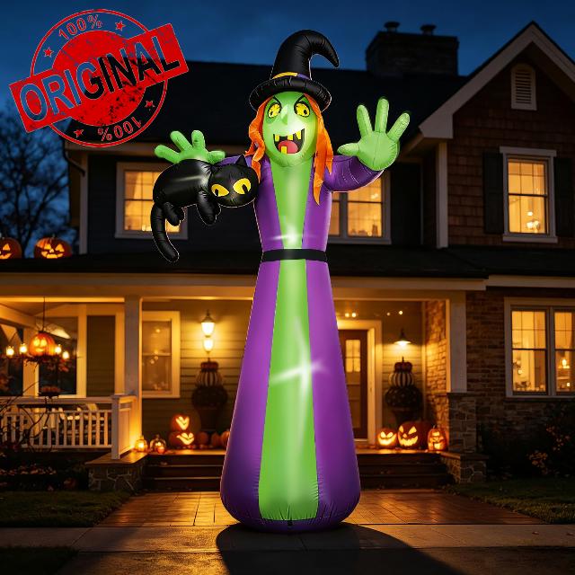 12 FT Giant Halloween Inflatables Witch Outdoor Decoration-Huge Blow Up Spooky Witch Grabbing Black Cat with Built-in LEDs – Tall Halloween Yard Decor for Lawn Party