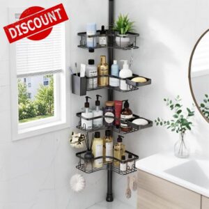 Corner Shower Caddy Tension Pole 4-Tier Rustproof Bathroom Organizer-Black                                                          Adjustable Corner Bathroom Shelf