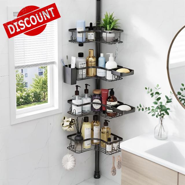 Corner Shower Caddy Tension Pole 4-Tier Rustproof Bathroom Organizer-Black                                                          Adjustable Corner Bathroom Shelf