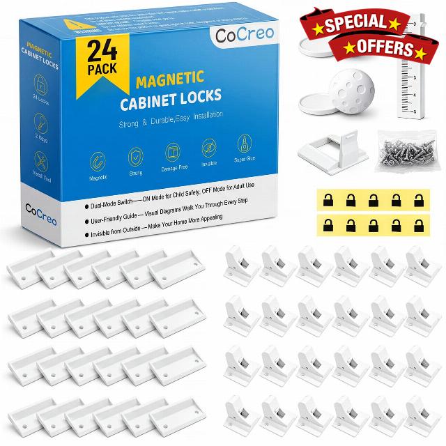 Magnetic Cabinet Locks Baby Proofing: 24 Packs & 2 Keys - Dual Mode Switch                                                          Child Safety Cabinet Drawers Locks - Children Proof Cupboard Drawers Latches - Easy Installatio