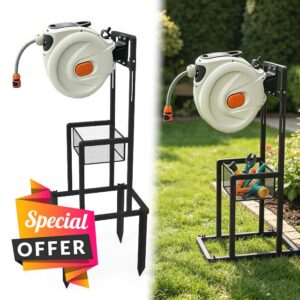 Retractable Hose Reel Stand with No Drilling Required                                                          No Wall Damaged/Outdoor Freestanding Hose Reel Stand/Universal Fit for Most Hose Reel with Mounting Brackets