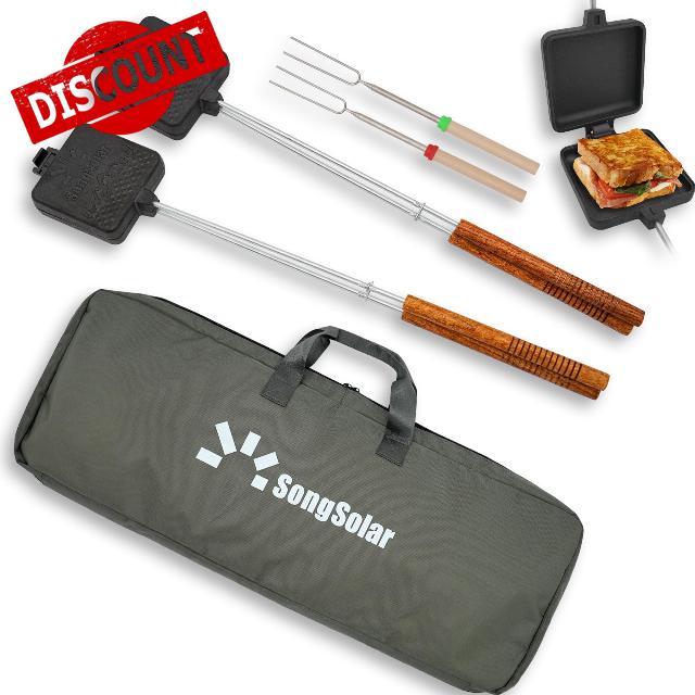 5.1" Pie Iron Cast Iron Set 2Pcs Campfire Sandwich Maker with Storage Bag                                                          Mountain Pie Maker with Thickened Handles and 2 Smores Sticks