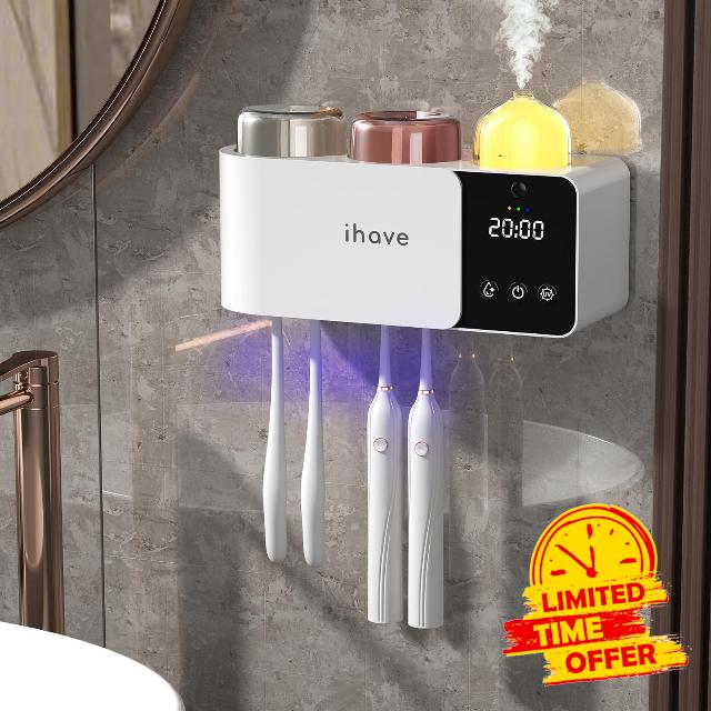 iHave Toothbrush Holder Aromatherapy Diffuser Wall Mount UV Sanitizer 2-Cup                                                          Auto-Cycle Disinfection UV-C Toothbrush Sanitizer