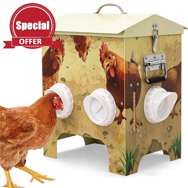 No Waste Automatic Chicken Feeder 6 Feeding Ports                                                          Stainless steel Poultry Feed Dispenser metal comederos para gallinas duck hen rat proof hanging coop outdoo