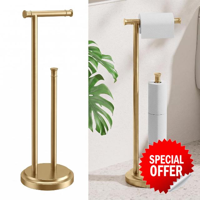 Hoimpro Toilet Paper Holder Stand Bathroom Free Standing Brushed Gold                                                          Bathroom Tissue Roll Holder