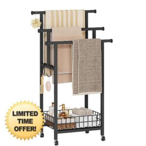 HOOBRO 3-Tier Freestanding Towel Rack with Wheels & Basket for Bathroom                                                          Metal Towel Storage Stand