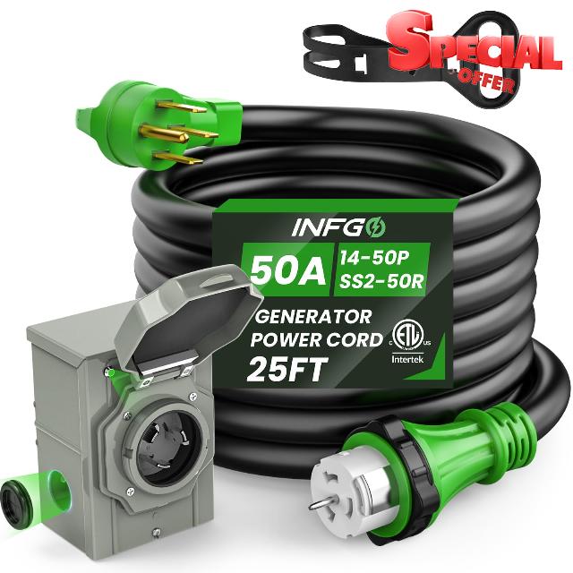 25FT 50Amp Generator Cord and Pre-Drilled Power Inlet Box Kit                                                          ETL Listed