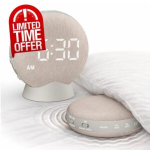 SolaceRise Extra Loud Alarm Clock Vibrating Bed Shaker for Heavy Sleepers                                                          Auto-Dim Digital Clock for Hearing Impaired Deaf - Portable Rechargeable Battery for Bedroom Travel Dorm - Putty