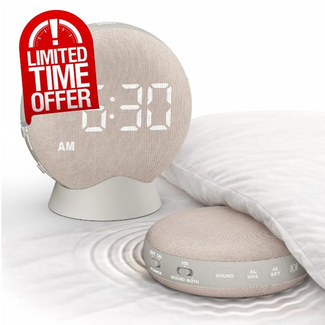 SolaceRise Extra Loud Alarm Clock Vibrating Bed Shaker for Heavy Sleepers                                                          Auto-Dim Digital Clock for Hearing Impaired Deaf - Portable Rechargeable Battery for Bedroom Travel Dorm - Putty