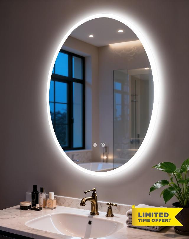 LED Bathroom Mirror Backlit: Oval Lighted Vanity Mirror 31.5"x23.6"                                                          Makeup Mirror Dimmable 3 colors Anti-Fog Smart Touch Memory Functio