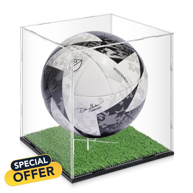 Ripeng Soccer Ball Display Case Clear Acrylic Full Size Ball Display Holder                                                          with Grass Turf Self Assembly Acrylic Case Protection Dustproof Showcase