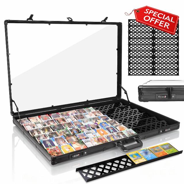 Trade Show Display Case – Large Aluminum Tabletop Showcase with Card Risers                                                          Combination lock upgrade & 34"x22" case