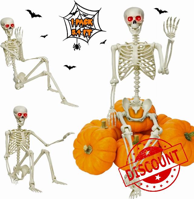 Halloween Decorations Outdoor 5.4Ft Life-Size Realistic Posable Skeleton                                                          Full Body Realistic Human Bones with Posable Joints