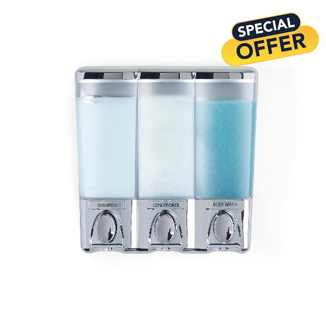Better Living Clear Choice 3-Chamber Shower Dispenser Designed for Wall or Corner Installation (Corner Shelf Included)