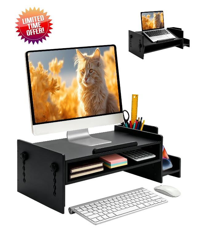 MyPlace Bamboo Monitor Stand Riser with Adjustable Height and Angle                                                          Ergonomic Computer Stand Riser with Phone Holder & Storage
