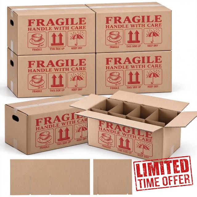 Tatuo 6 Pack Dish Moving Boxes with Divider Kits for Glassware