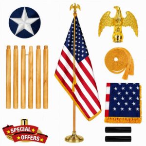 American Flag Set 3x5 ft Indoor–Embroidered Stars Sewn Stripes US Flag with 8 Ft Wooden Pole Gold Eagle Finial Gold Base Cord &Tassel–Flagpole Presentation Set for Office School Church Lobby