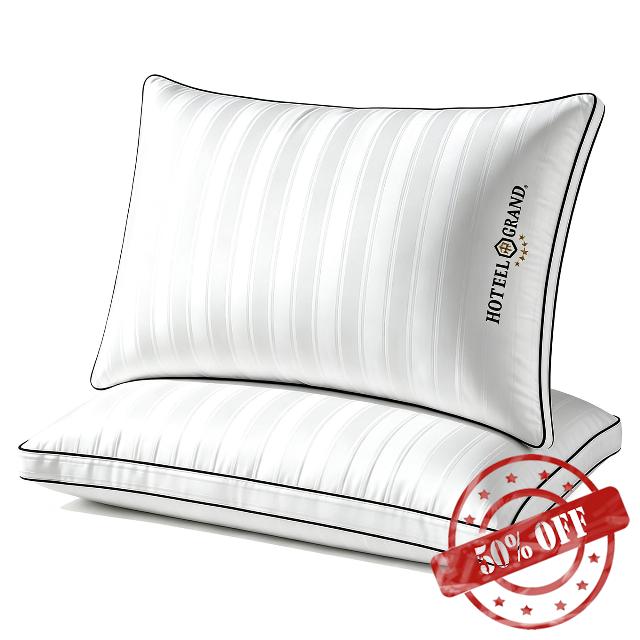 Hotel Grand Luxury Queen Pillows Set of 2 Down Alternative Gusseted Soft                                                          OEKO-TEX Certified 500 Thread Count Damask Stripe Embroidered 100% Cotton Cover Pillow for Back Stomach or Side Sleepers