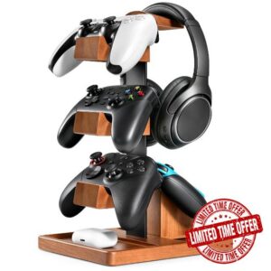 Solid Wood Metal 3-Tier Controller Stand with Headphone Holder for Desk                                                          Gaming Controller Rack with Modular Storage Base