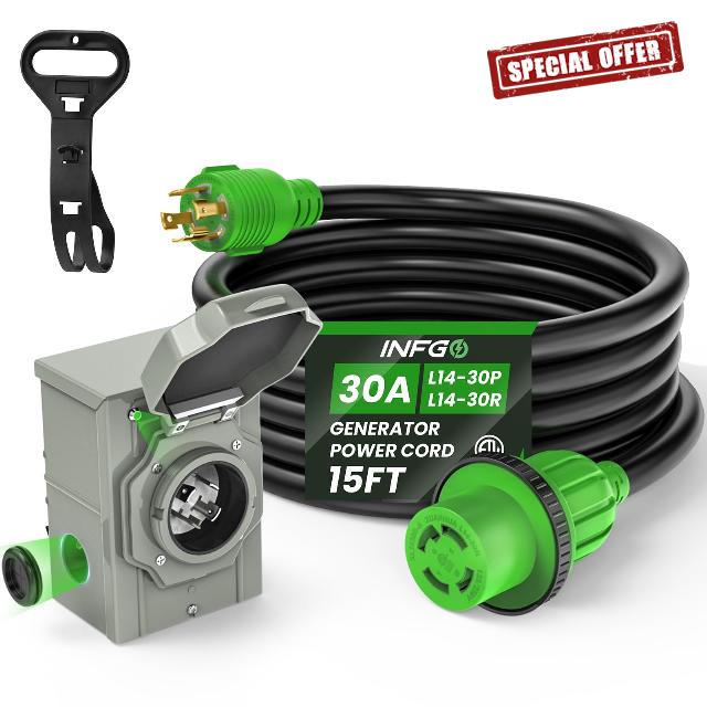 15FT 30 AMP Generator Cord and Pre-Drilled Power Inlet Box Kit                                                          ETL Listed