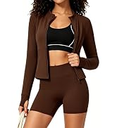 UOUA Womens Workout Set 2 Piece Gym Outfit Long Sleeve Zip Top Jacket High Waisted Tummy Control ...