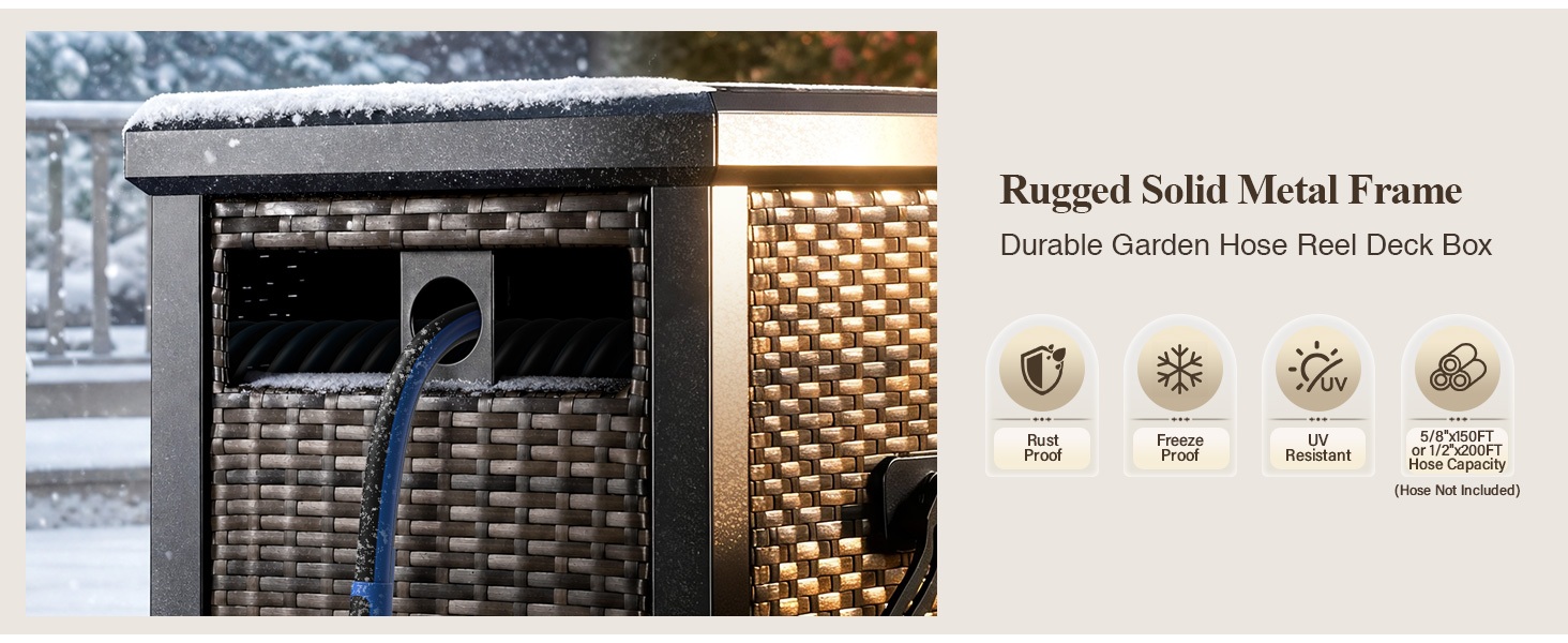 Wicker Rattan Garden Hose Reel Hideaway Storage Deck Box, Heavy Duty Rust Proof Metal Frame