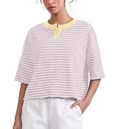 Ardrem Women Striped Cropped Shirts Half Sleeve Henley Tee Shirts Roll Hem Boxy T Shirts Button U...