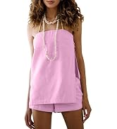 Ardrem Women 2 Piece Shorts Sets Summer Vacation Lounge Set Linen Strapless Button Slit Tube Top ...