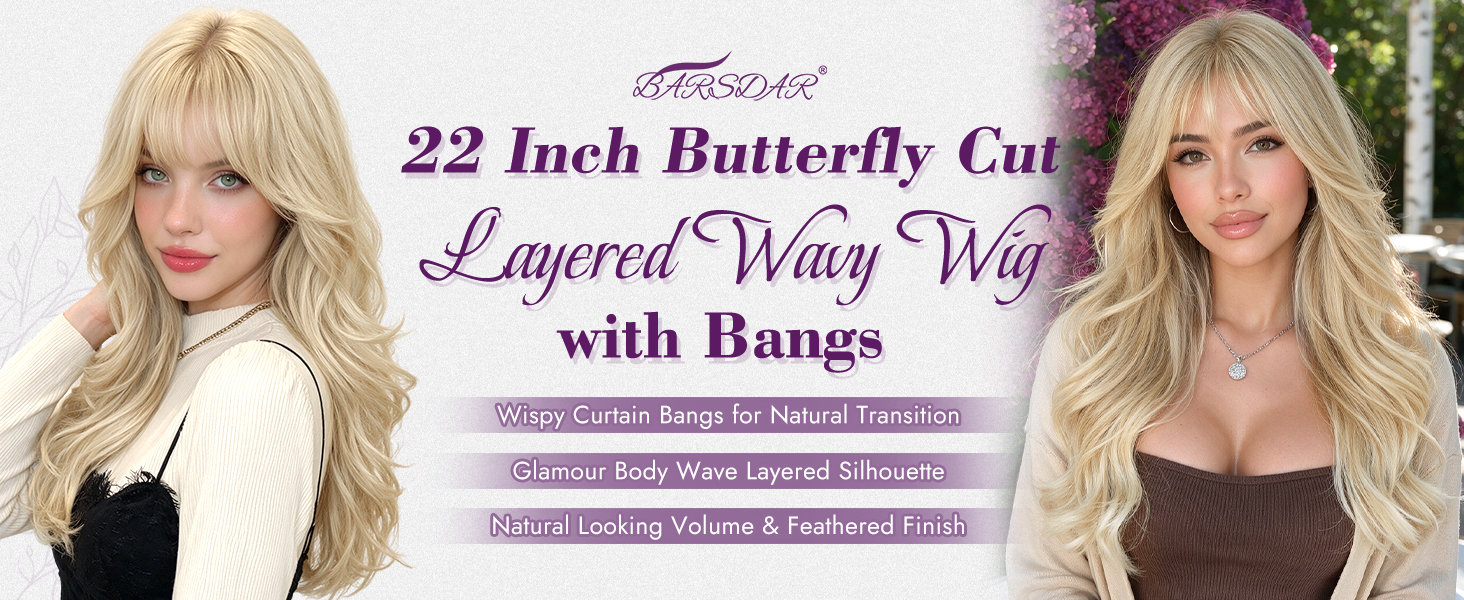 BARSDAR 22 Inch Layered Body Wavy Wig with Bangs