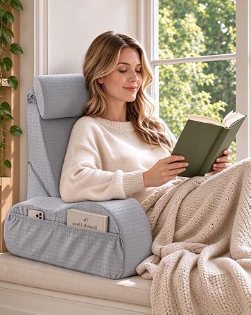 Foldable Reading Pillow for Sitting in Bed Adult, White, 19 in(5'3"-5'10") | Memory Foam Back Pil...