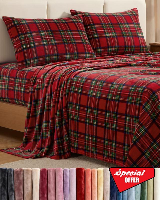 Fleece Sheets King Size Set - 4-Piece Velvet Flannel Sheet Set - Tartan                                                          Super Soft Fleece Bedding