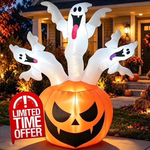 6 FT Halloween Inflatable Pumpkin with 3 Ghosts for Outdoor Decor                                                          Halloween Blow Ups Pumpkin Decor with Ghosts