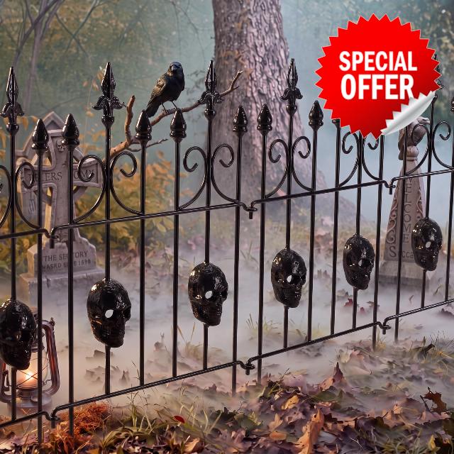Chumia 6 Pack Halloween Skull Fence for Garden Outdoor Halloween Spooky Gothic Yard Decorations Gothic Metal Lawn Fence for Outdoor Yard Graveyard Lawn Border Wrought Iron Skull Deco