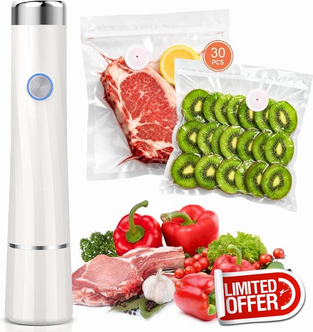 Compact Vacuum Sealer for Food with 30 Reusable Bags                                                          80kPa Suction