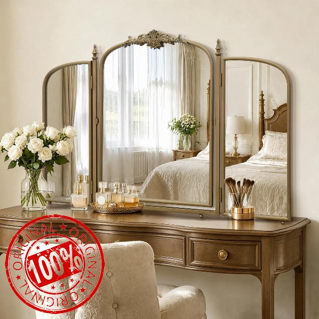 Gold Vanity Trifold Mirror: 40"x28" Vintage Brass Three Way Mirror                                                          Antique Arched Metal Framed - Large 3 Sided Table Mirror for Bedroom/Dressing Room/Cloakroom/Dresser - Ideal for Housewife