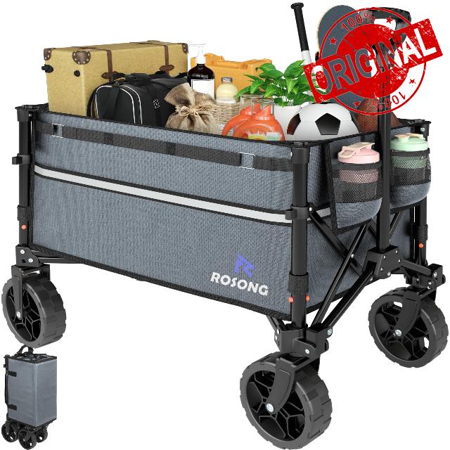 ROSONG Collapsible Wagon Cart with Wheels Foldable - Folding Utility Heavy Duty Wagons Carts for Grocery Sports Garden Shopping Camping Grey