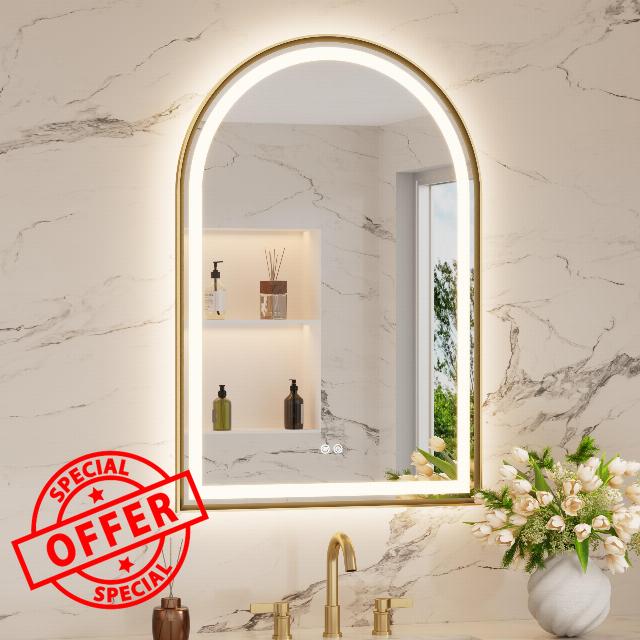 Keonjinn 24x36 Inch Gold Arched LED Bathroom Mirror