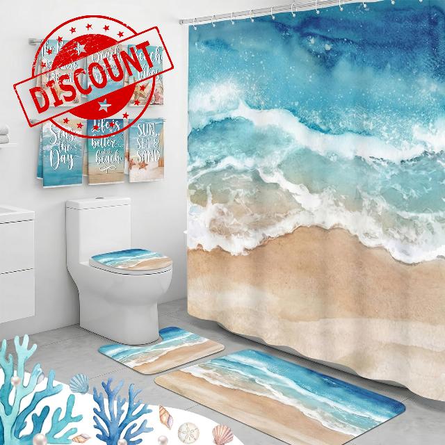 Britimes Bathroom Sets with Shower Curtain and Rugs Set of 10 Beach Teal                                                          Ocean Coastal Nautical Bathroom Decor Set with Toilet Lid Cover