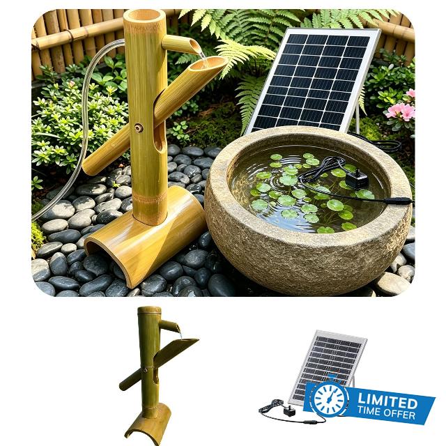 Bamboo Fountain Kit with Solar Powered，Rocking Fountains Kit，Natural Bamboo Water Feature for Zen Garden
