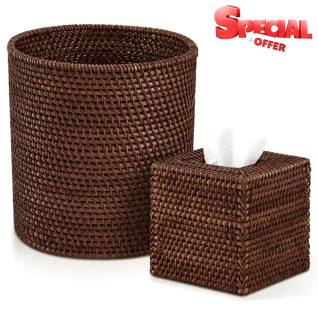 Teenyyou 2 Pcs Rattan Trash Can and Tissue Box Cover Set