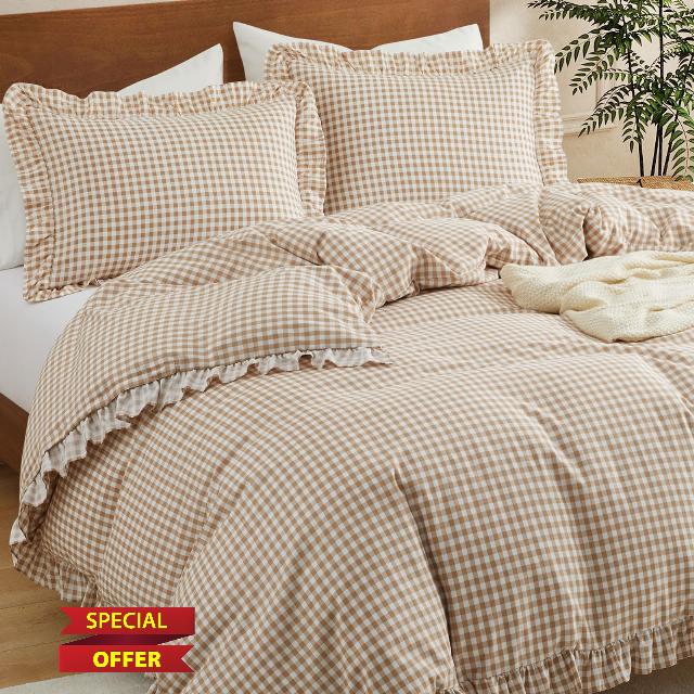 NSGZ Gingham Ruffle Duvet Cover Queen Set