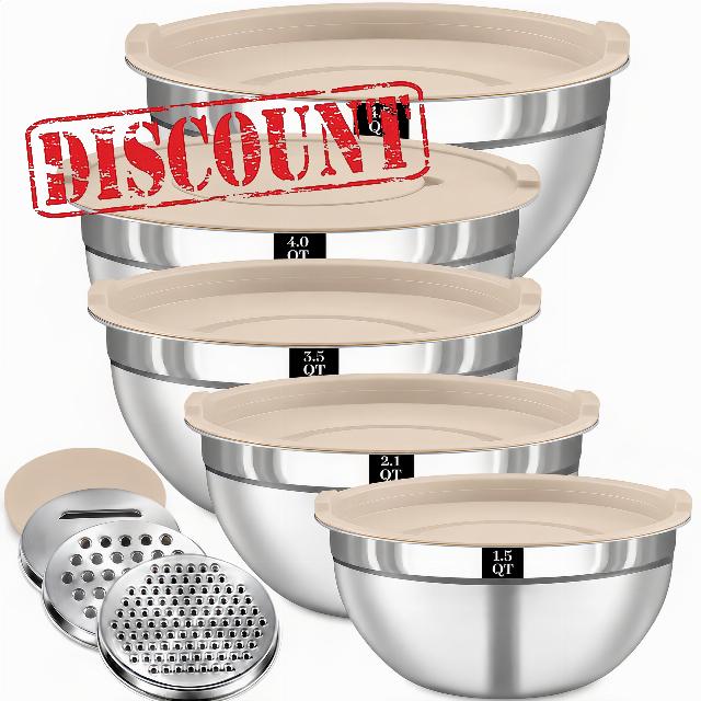 8PCS Stainless Steel Mixing Bowls with Lids - 5PCS Nesting Bowls