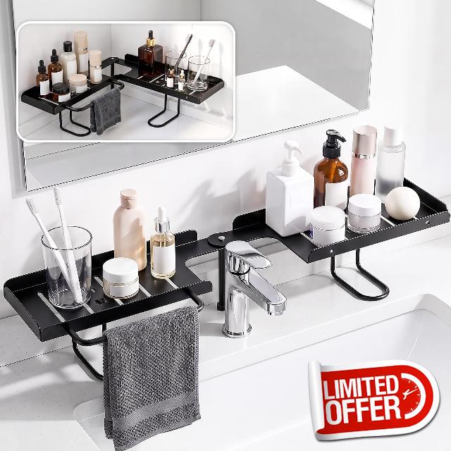 Rotatable Over Faucet Sink Shelf Organizer with Towel Bar                                                          180° Flat & 90° Corner Adjustable