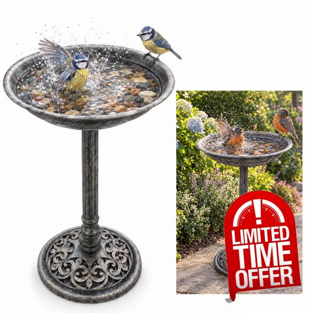 Plastic Birdbath Outdoor Weather-Resistant Bird baths with Bowl 15.3" Gray