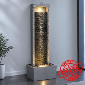 40-Inch Outdoor Water Wall Fountain with Warm LED Lights                                                          Indoor and Outdoor Water Fountain with a Modern Stone-Look Resin Design for Patio