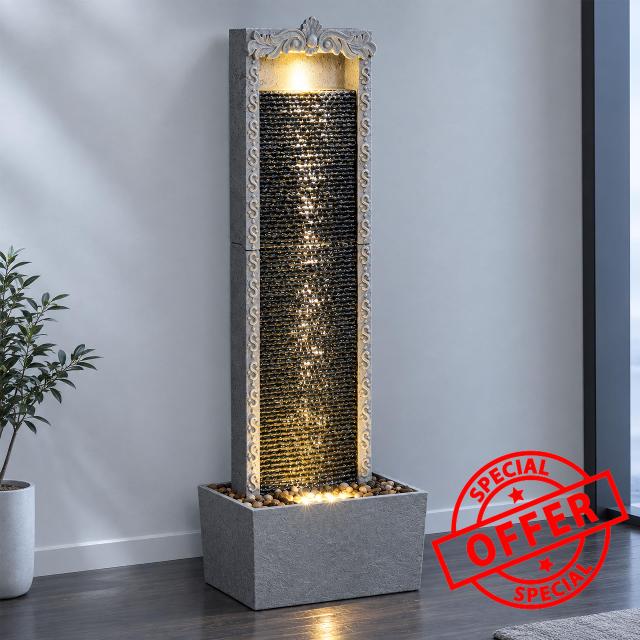 40-Inch Outdoor Water Wall Fountain with Warm LED Lights                                                          Indoor and Outdoor Water Fountain with a Modern Stone-Look Resin Design for Patio