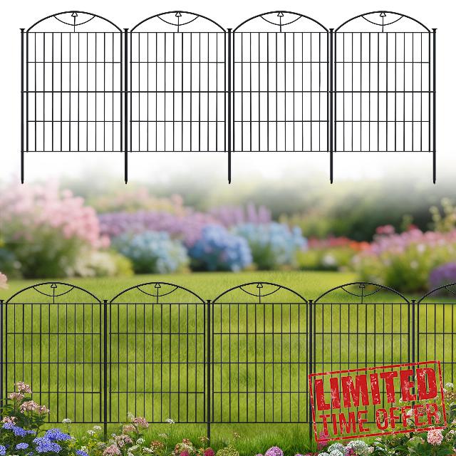 Metal Decorative Garden Fence 12 Panels 32in (H) x 24ft (L)                                                          Animal Barrier Fence No Dig with Ground Stakes